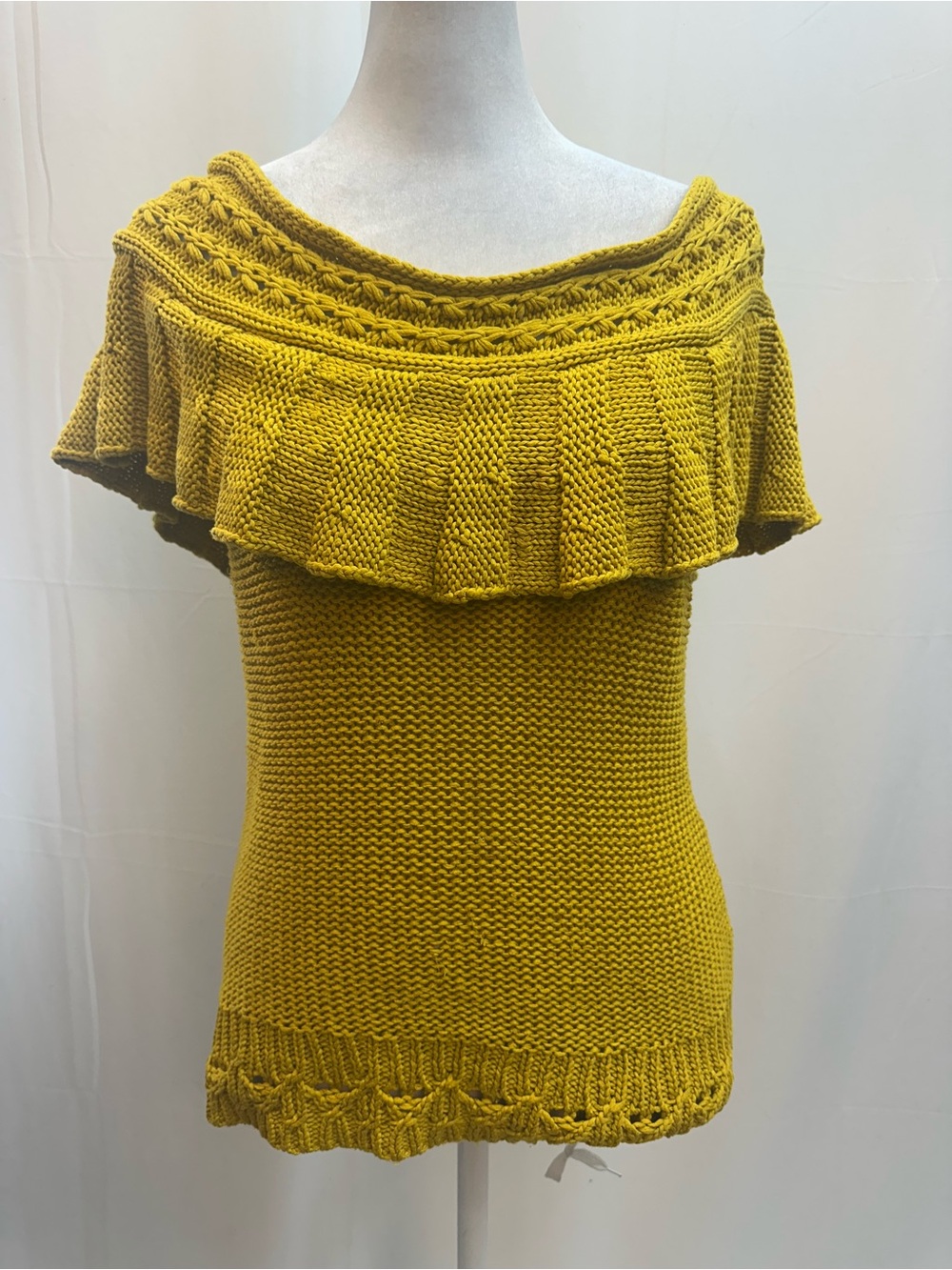 Anthropologie Mustard Yellow Off-Shoulder Knit Cotton Sweater S